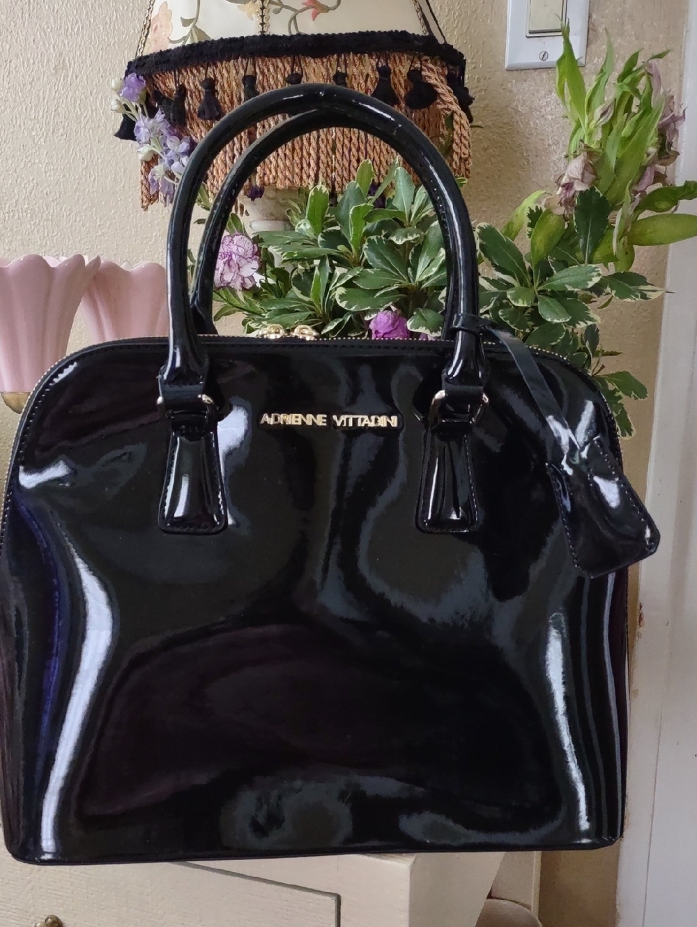Adrienne Vittadini Glossy Black Patent City Slicker Dome Satchel Handbag